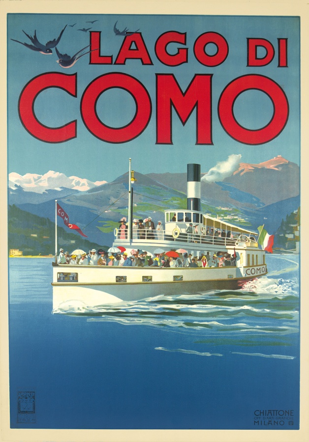 anonimo	  Lago di Como, inizio sec. XX	 Chiattone Officine d'Arti Grafiche, Milano, carta / litografia a colori	 70x100; con cornice 77x106,5x1,5	 Milano, Castello Sforzesco, Civica Raccolta delle Stampe “Achille Bertarelli”